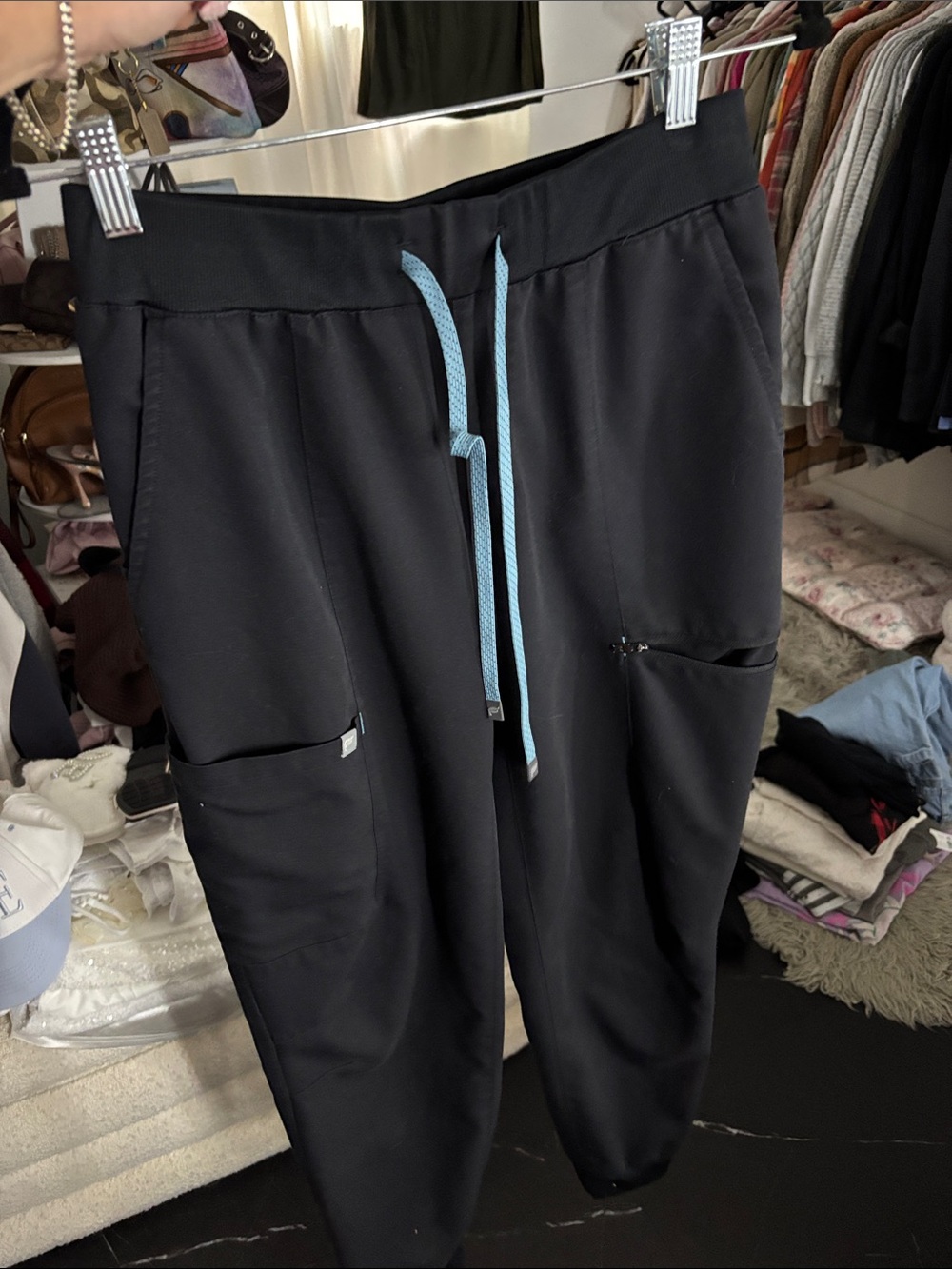 Fabletics Black Joggers with Light Blue Drawstring
